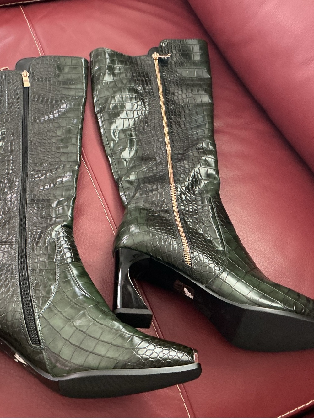 Dark Green Croc-Embossed Mid-Calf Heeled Boots by Ninety Union (NU)